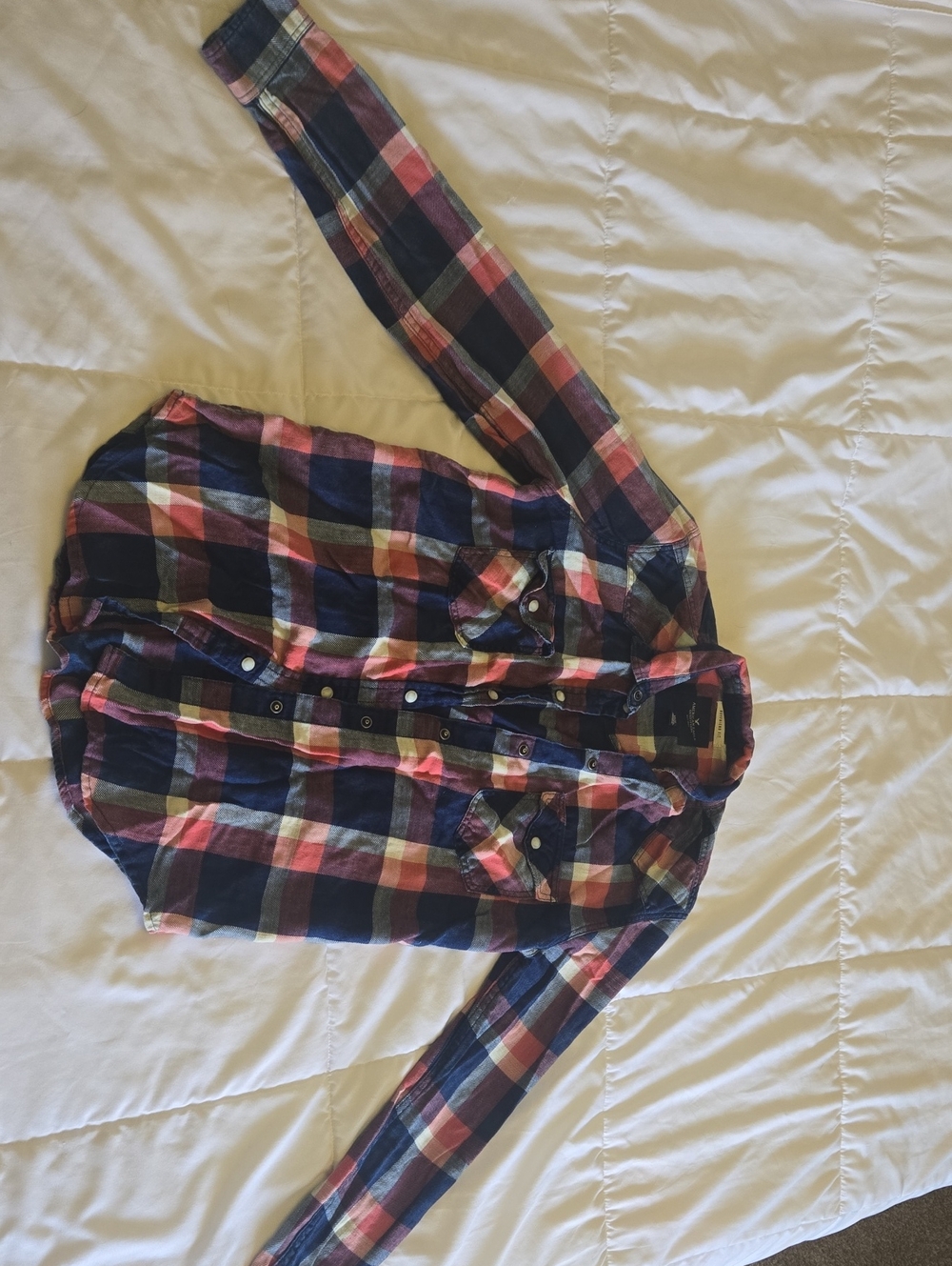 Womens Long-Sleeve Plaid Button-Up Shirt - Navy & Pink, Boyfriend Fit